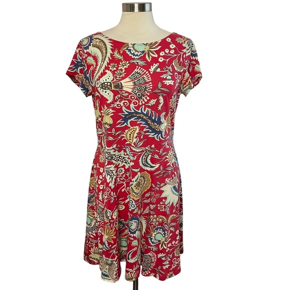 Chaps Dresses & Skirts - CHAPS Red Fit & Flare Stretch Cotton Boho Print Mini Dress, Large